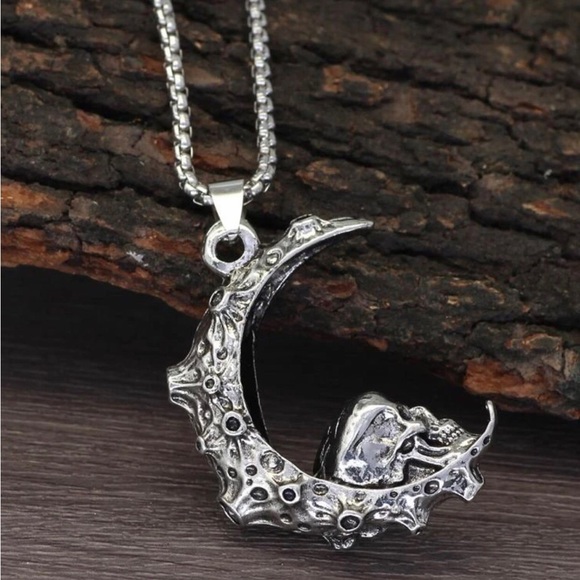 “Skull on the Moon” Regolith Lunar Crater Crescent Celestial Goth Steel Necklace - Picture 12 of 16